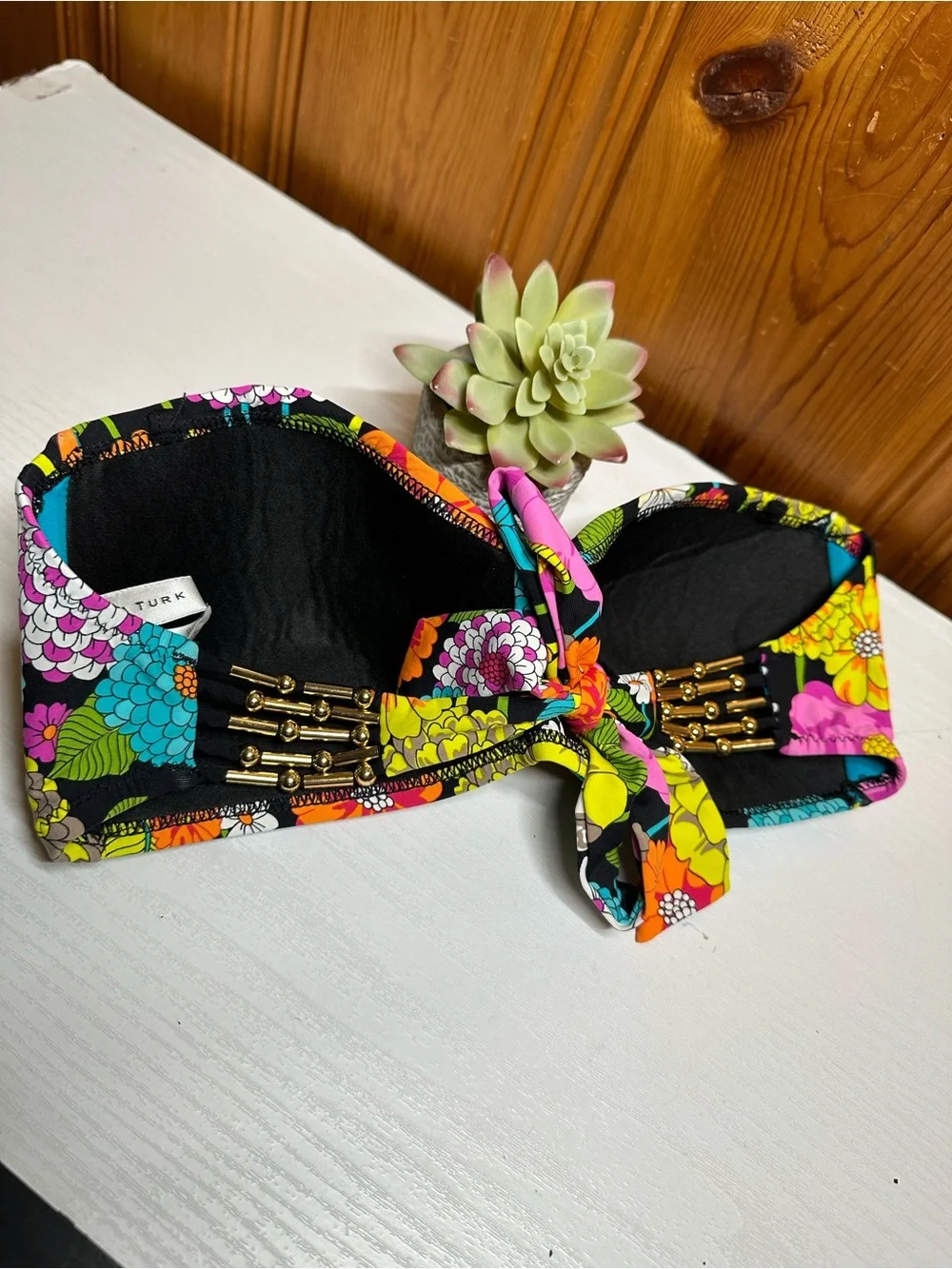 Trina Turk Black Floral Bandeau Swim Top with Multicolor Blooms